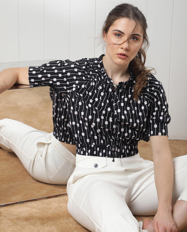 Rareism Women Jack Black Cotton Fabric Short Sleeves Button Closure Tie-Up Neck Volume Sleeve Relaxed Fit Floral Print Top
