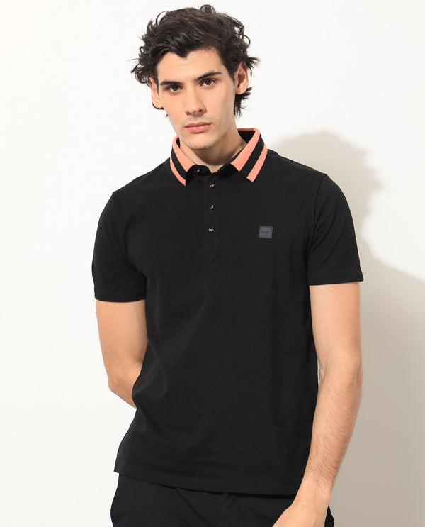 Rare Rabbit Men's Divide Black Cotton Fabric Striped Collar Half Sleeves Polo T-Shirt