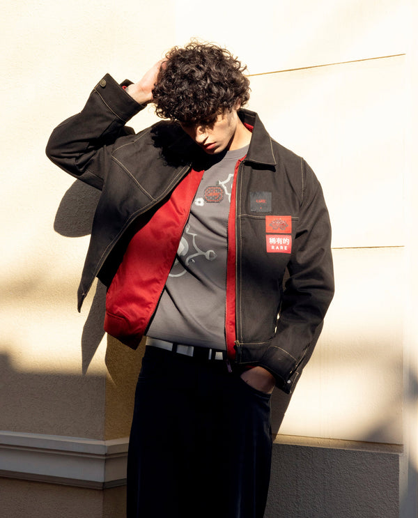 Rare Rabbit Men Clovix Black Cotton Fabric Full Sleeve Spread Collar Label Detailed Zipper Closure Jacket