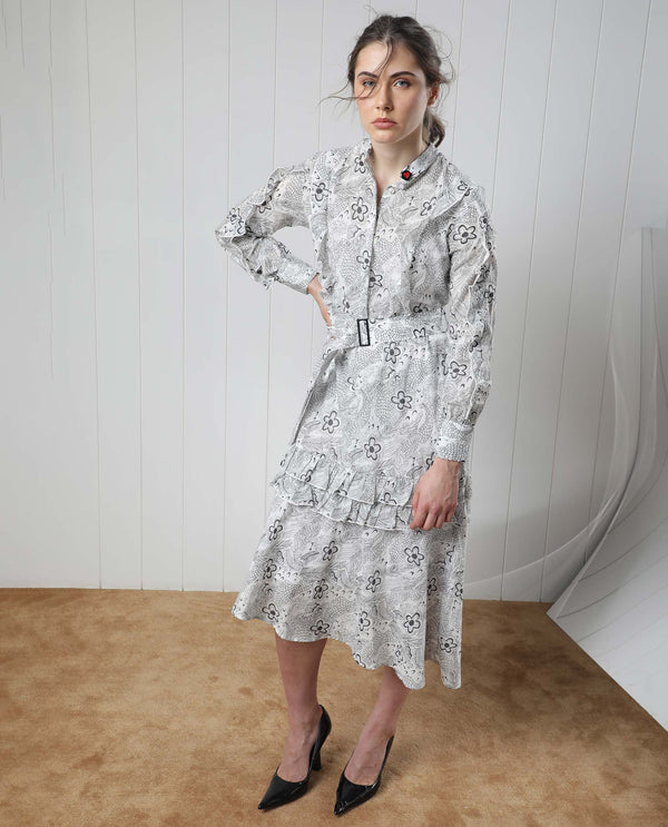 Rareism Women Roose White Cotton Fabric Full Sleeves Button Closure Mandarin Collar Regular Fit Floral Print Knee Length Flared Dress