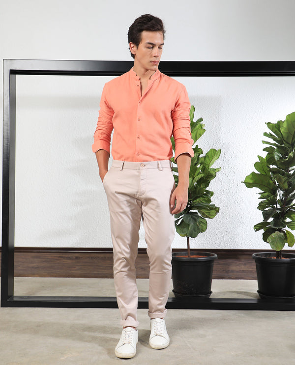 Rare Rabbit Men's Shines Pink Solid Mid-Rise Regular Fit Stretch Trousers