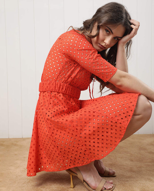 Rareism Women Bex Fluorescent Orange Cotton Fabric Short Sleeves Tie-Up Neck Regular Fit Schiffili Knee Length Empire Dress