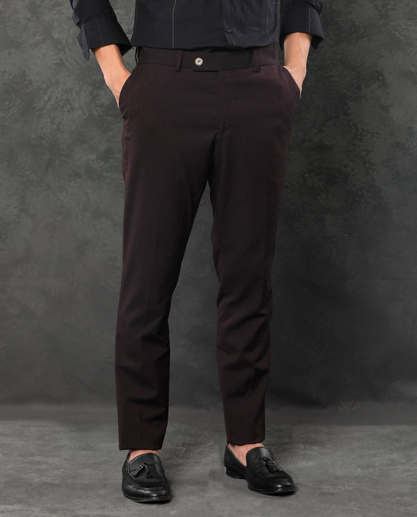 Rare Rabbit Men's Zanza Maroon Polyester Viscose Fabric Notch Lapel Button Closure Single Breasted Textured Suits