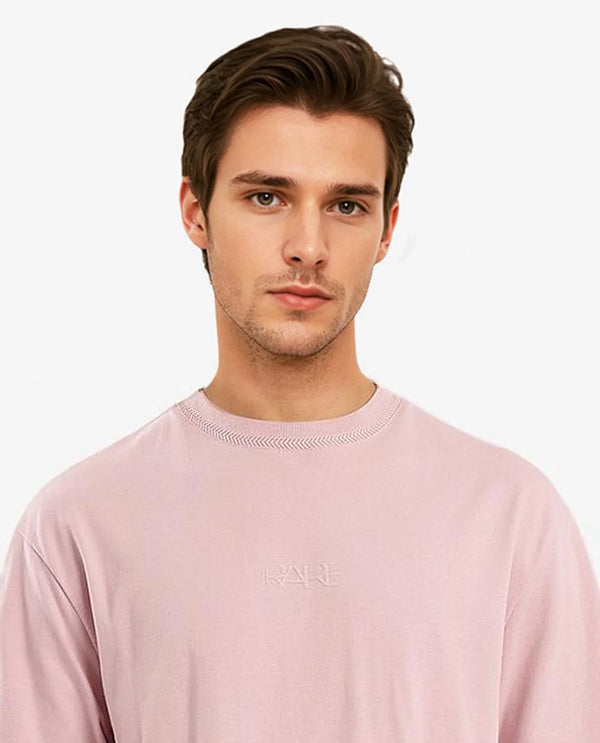 Rare Rabbit Mens Heros-1 Light Pink Cotton Lycra Fabric Blend Drop Shoulder Short Sleeve Oversized Fit Embroidered Logo T-Shirt