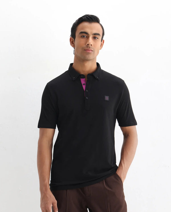 Rare Rabbit Men's Herval Black Cotton Fabric Collared Neck Half Sleeves Polo T-Shirt