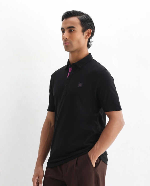Rare Rabbit Men's Herval Black Cotton Fabric Collared Neck Half Sleeves Polo T-Shirt