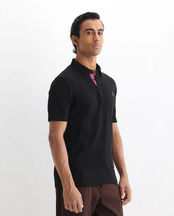 Rare Rabbit Men's Herval Black Cotton Fabric Collared Neck Half Sleeves Polo T-Shirt