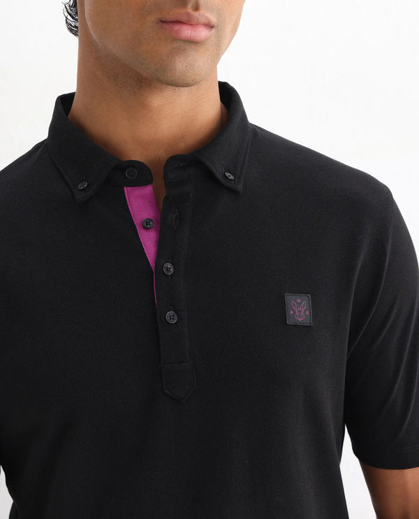 Rare Rabbit Men's Herval Black Cotton Fabric Collared Neck Half Sleeves Polo T-Shirt
