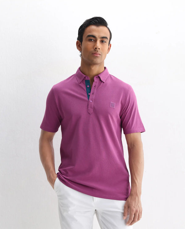 Rare Rabbit Men's Herval Dark Pink Cotton Fabric Collared Neck Half Sleeves Polo T-Shirt