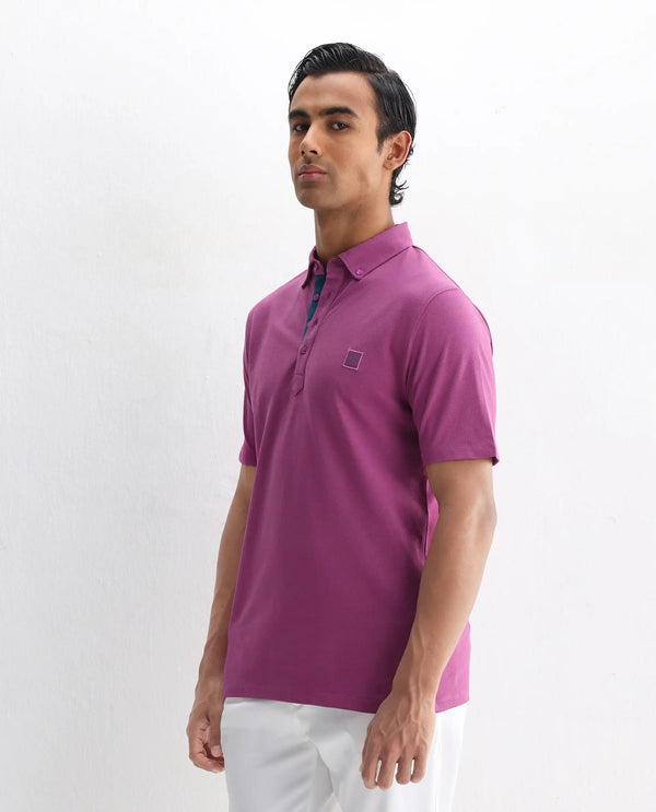 Rare Rabbit Men's Herval Dark Pink Cotton Fabric Collared Neck Half Sleeves Polo T-Shirt