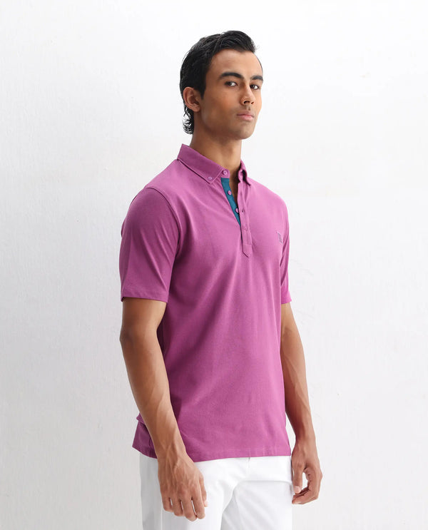 Rare Rabbit Men's Herval Dark Pink Cotton Fabric Collared Neck Half Sleeves Polo T-Shirt