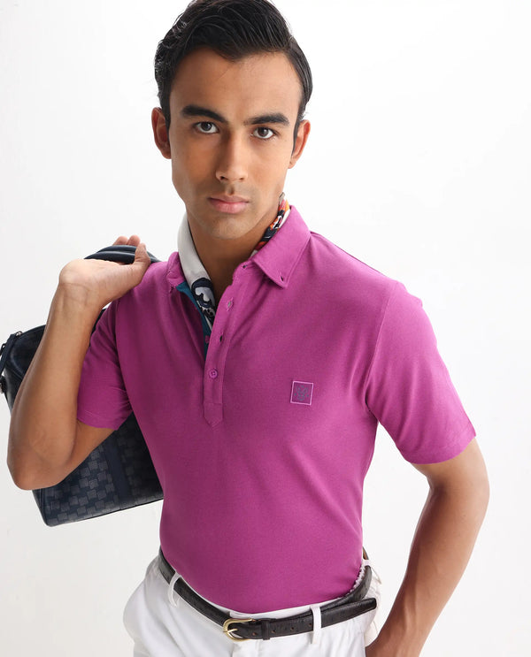 Rare Rabbit Men's Herval Dark Pink Cotton Fabric Collared Neck Half Sleeves Polo T-Shirt