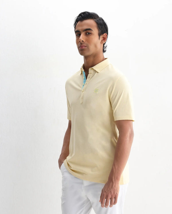Rare Rabbit Men's Herval Light Yellow Cotton Fabric Short Sleeves Collared Neck Slim Fit Polo T-Shirt