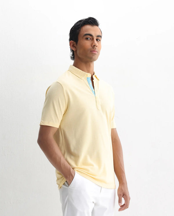 Rare Rabbit Men's Herval Light Yellow Cotton Fabric Short Sleeves Collared Neck Slim Fit Polo T-Shirt