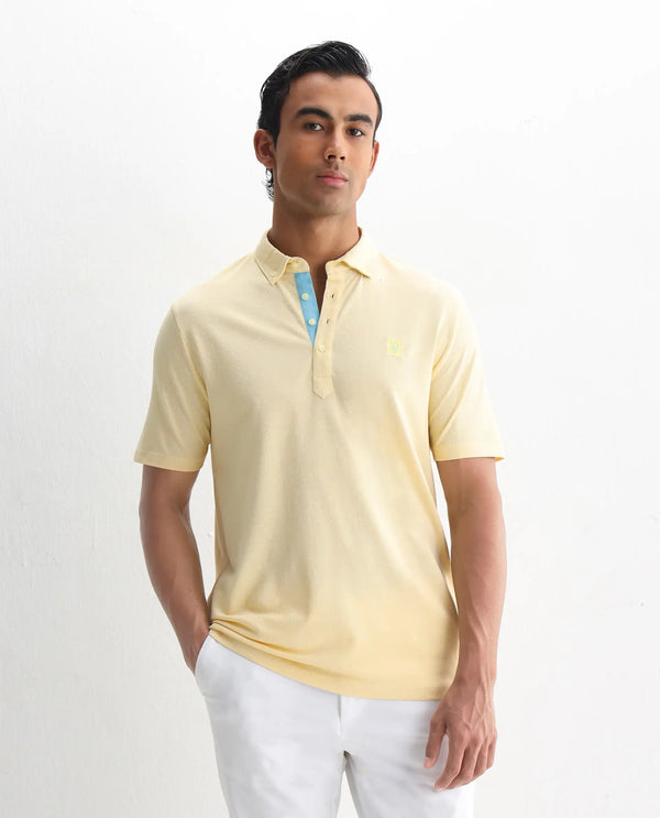 Rare Rabbit Men's Herval Light Yellow Cotton Fabric Short Sleeves Collared Neck Slim Fit Polo T-Shirt