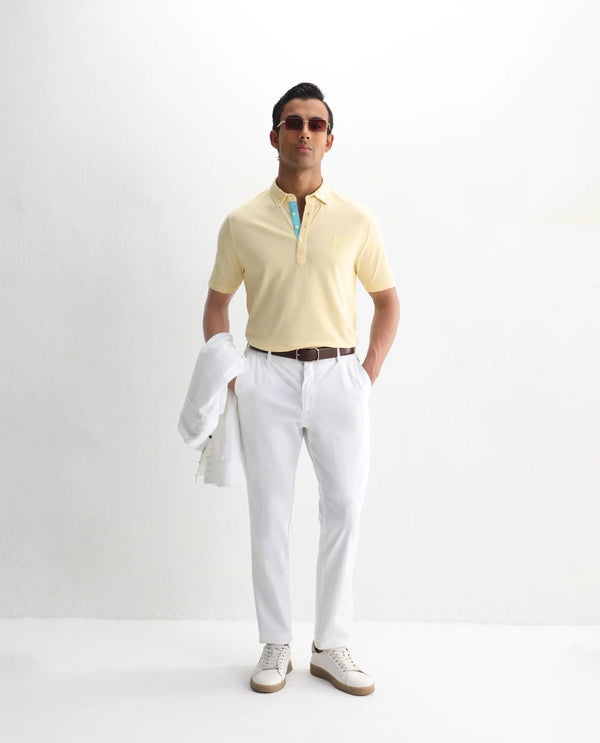 Rare Rabbit Men's Herval Light Yellow Cotton Fabric Short Sleeves Collared Neck Slim Fit Polo T-Shirt
