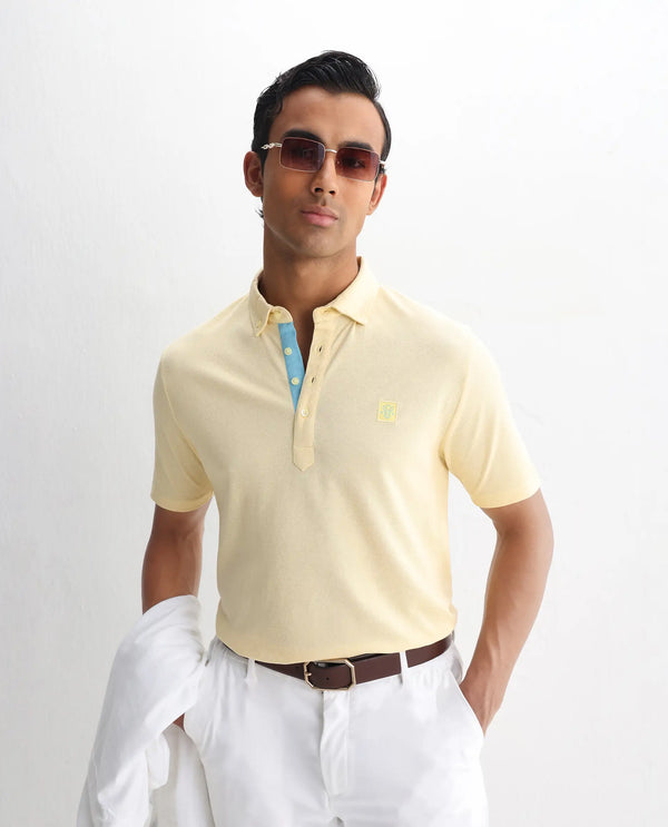 Rare Rabbit Men's Herval Light Yellow Cotton Fabric Short Sleeves Collared Neck Slim Fit Polo T-Shirt