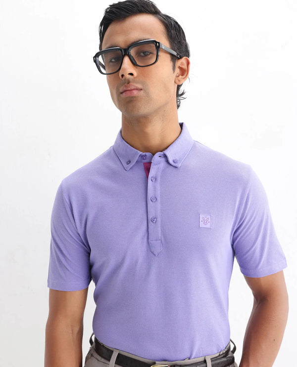 Rare Rabbit Men's Herval Pastel Purple Cotton Fabric Collared Neck Half Sleeves Polo T-Shirt