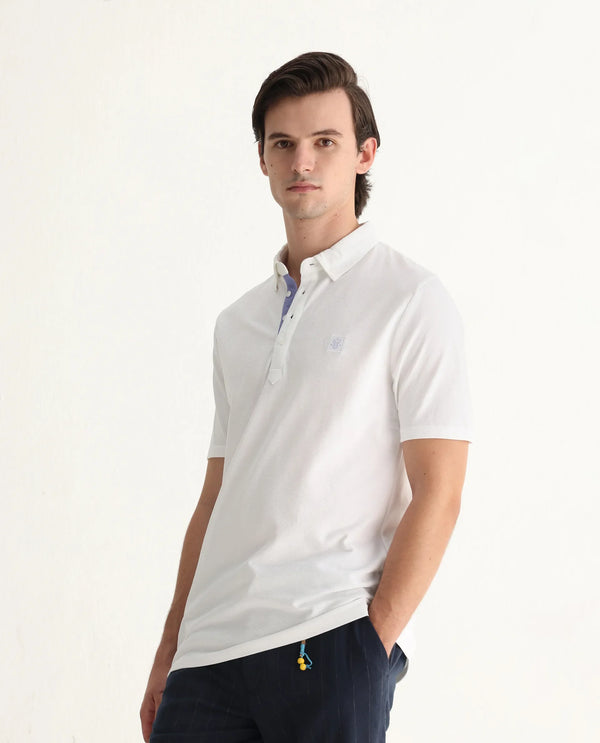 Rare Rabbit Men's Herval White Cotton Fabric Collared Neck Half Sleeves Polo T-Shirt