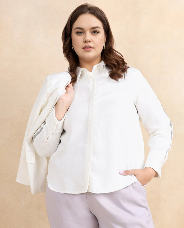 Rareism Women Aivva White Satin Cuffed Sleeve Collared Neck Button Closure Plain Shirt