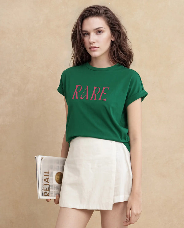 Rareism Women Bhars Green Cotton Lycra Fabric Extended Sleeves Crew Neck Typography T-Shirt