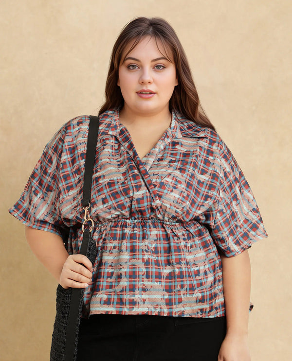 Rareism Women Copo Dark Multi Polyester Fabric Kimono Sleeve Jonny Collar Geometric Print Top