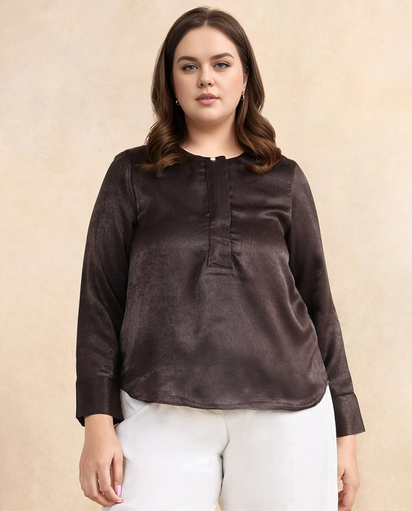Rareism Women Daxzo Brown Velvet Regular Sleeves Round Neck Button Closure Relaxed Fit Plain Top