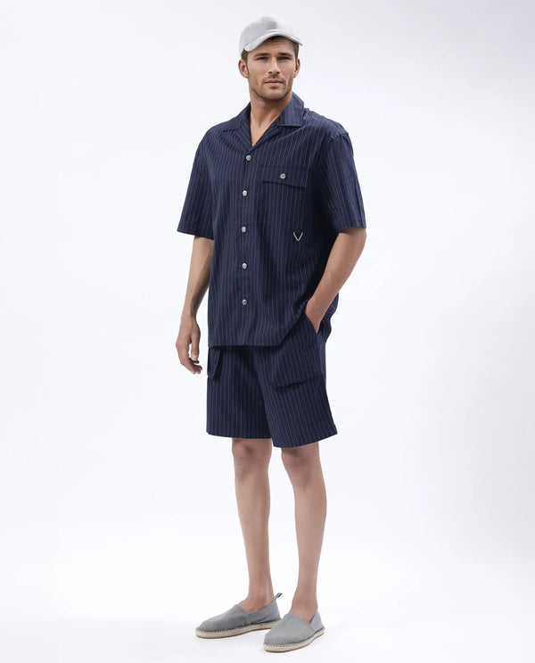 Rare Rabbit Men Habar Navy Cotton Elastane Fabric Oversized Striped Shorts