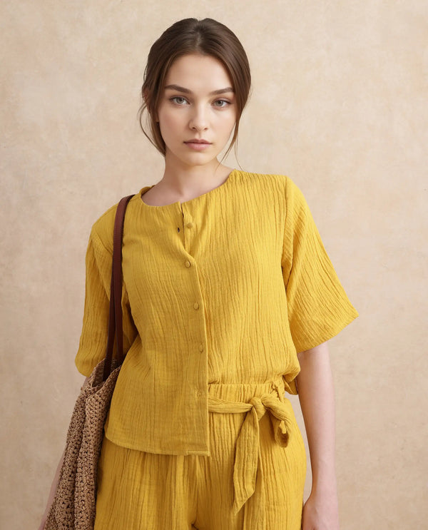 Rareism Women Jandren-T Mustard 100% Cotton Fabric Regular Sleeve Cowl Neck Relaxed Fit Plain Top