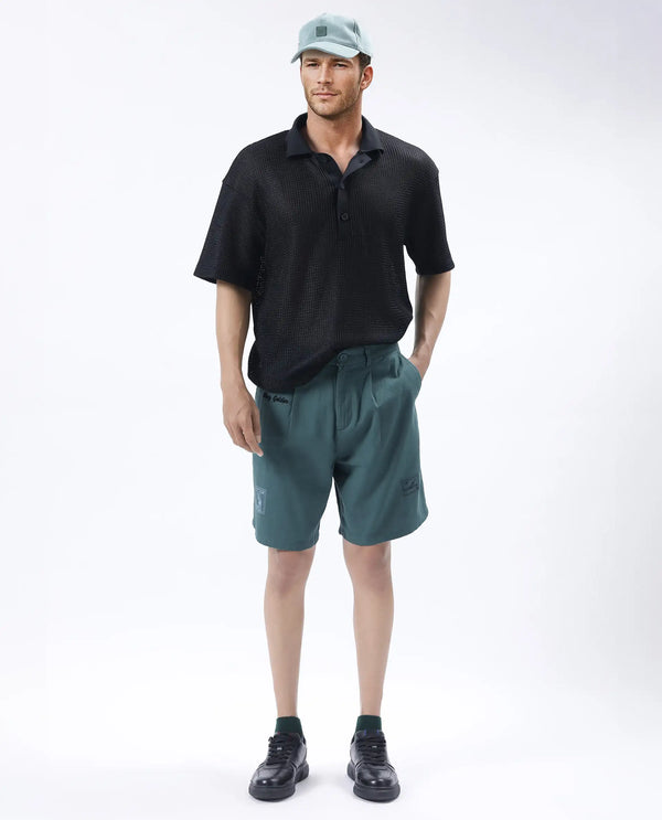 Rare Rabbit Men's Jarny-B Green Button Closure Regular Fit Embroidered Shorts