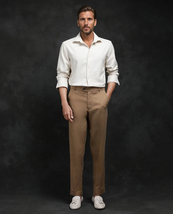 Rare Rabbit Men Jes Khaki Cotton Lycra Fabric Regular Fit Jacquard Trouser