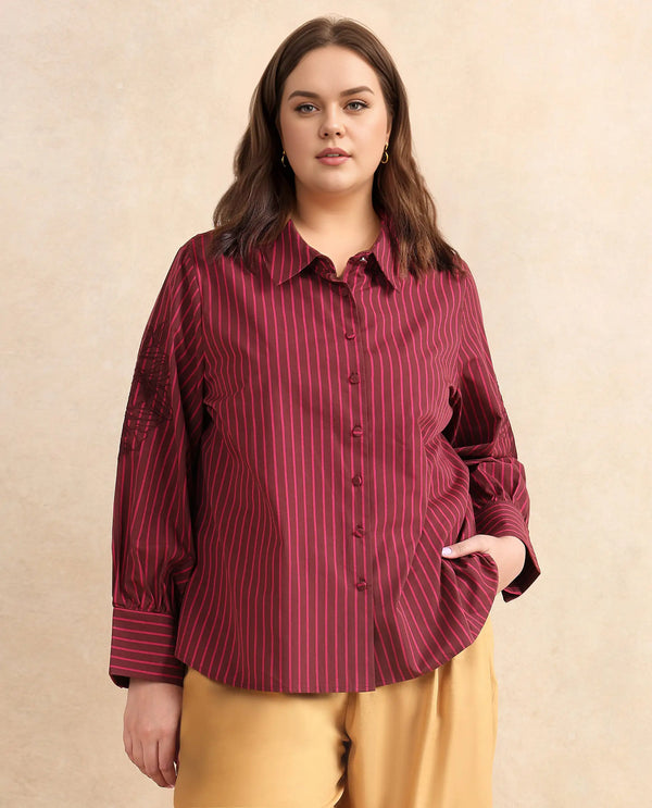 Rareism Women Jolvo Maroon Cotton Fabric Bishop Sleeve Collared Neck Button Closure Narrow Stripes Shirt