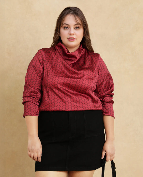 Rareism Women Lop Maroon Satin Regular Sleeves High Neck Button Closure Monogram Print Top