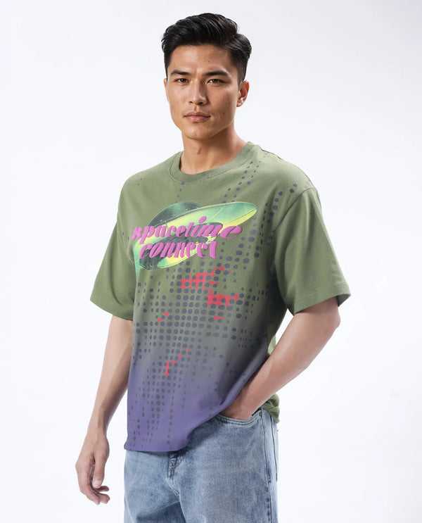 Rare Rabbit Men Nas Olive Cotton Fabric Short Sleeve Crew Neck Oversized Fit Ombre and Graphic Print T-Shirt