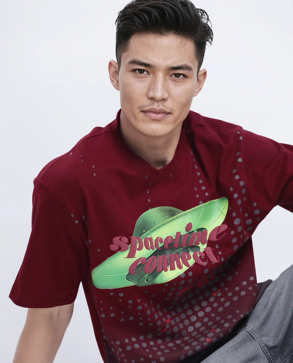 Rare Rabbit Men Nas Red Cotton Fabric Short Sleeve Crew Neck Oversized Fit Ombre and Graphic Print T-Shirt