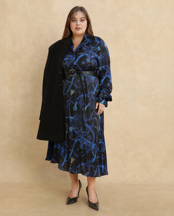 Rareism Women Romros Dark Multi Satin Cuffed Sleeve Collared Neck Button Closure Flared Maxi Object Print Dress