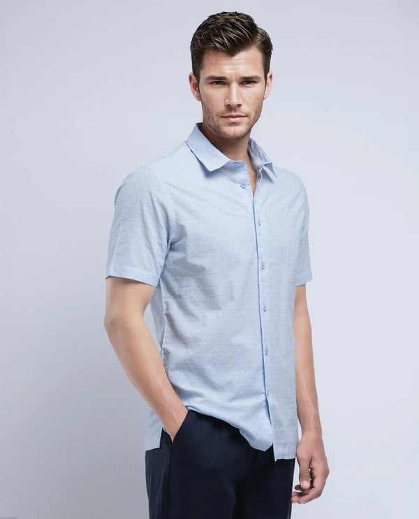 Rare Rabbit Men's Shek Blue Cotton Fabric Short Sleeve Collared Neck Button Closure Textured Shirt