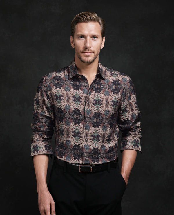 Rare Rabbit Men Toro Brown Viscose Blend Fabric Full Sleeve Spread Collar Button Abstract Print Shirt