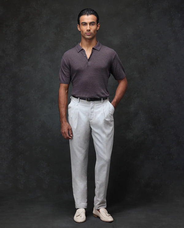 Rare Rabbit Men Rhesa Grey Linen Blend Pleated Button Closure Relaxed Fit Plain Trouser
