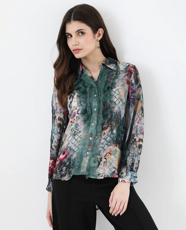 Rareism Women Tinga Multi Viscose Fabric Full Sleeve Collared Neck Button Closure Digital Print Shirt
