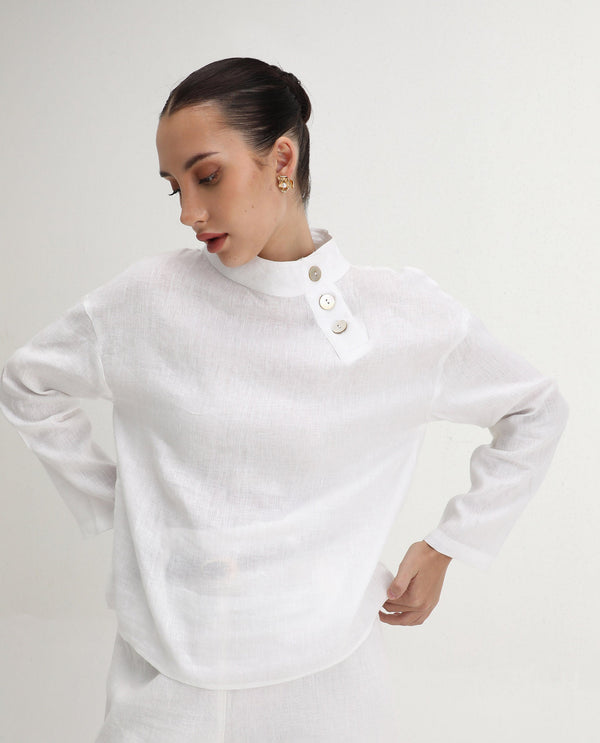 Rareism Women Mayotte White Cotton Linen Fabric Regular Sleeves Collared Neck Solid Regular Length Top
