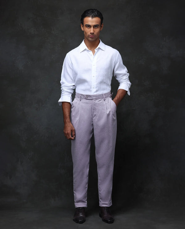 Rare Rabbit Men Rhesa Dusky Purple Linen Blend Pleated Button Closure Relaxed Fit Plain Trouser