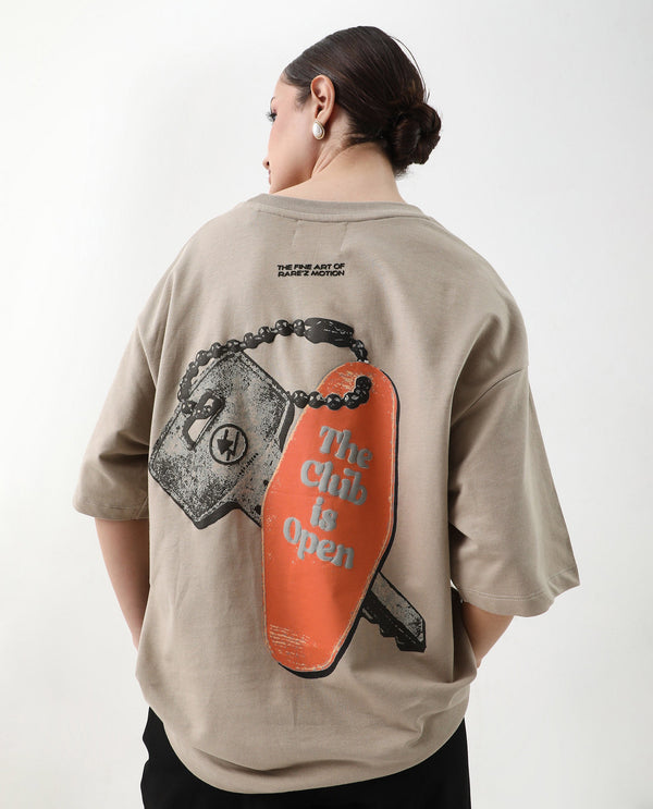 Rareism Women Qlax Beige Pull On Closure Cotton Fabric Oversized Fit Regular Graphic Print T-Shirt