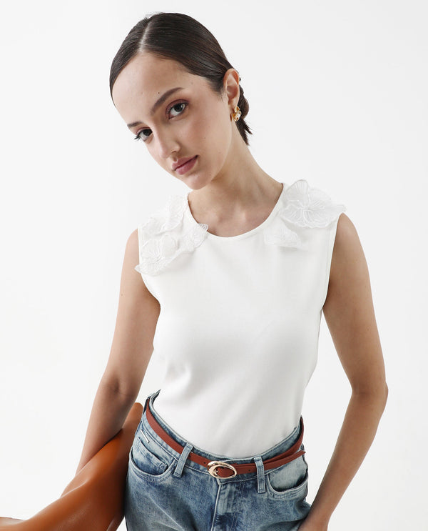 Rareism Women Janbed Off White 60%cotton,40%polyester Fabric Sleeveless Collared Neck Regular Fit Plain T-Shirt