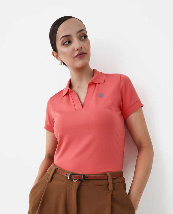 Rareism Women Bern Pastel Orange Cotton Poly Fabric Short Sleeve Polo Collar Plain Polo