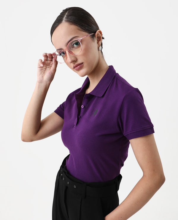 Rareism Women Logan Purple Cotton Lycra Fabric Short Sleeve Polo Collar Button Closure Plain Polo