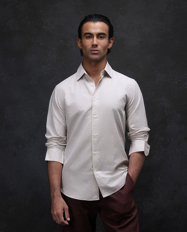 Rare Rabbit Men Dento Beige Cotton Linen Full Sleeve Regular Fit Stripe Print Business Linen Shirt