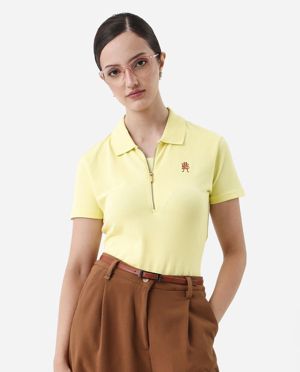 Rareism Women Laken Pastel Green Cotton Lycra Fabric Short Sleeve Polo Collar Zipper Closure Plain Polo