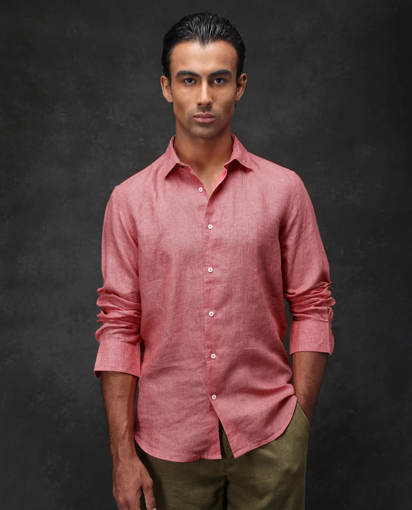 Rare Rabbit Mens Borium-2 Fluorescent Pink Full Sleeve Melange Linen Fabric Solid Shirt