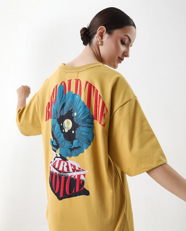 Rareism Women Voltz Yellow Pull On Closure Cotton Fabric Oversized Fit Regular Length Graphic Print T-Shirt